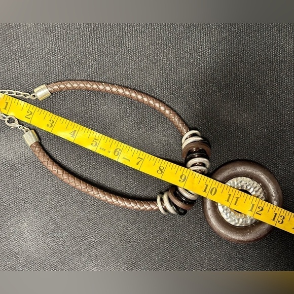 Artisan Necklace Brutalist Statement Brown Wood Ring Silver Tone Braided 3405 W - Picture 10 of 15